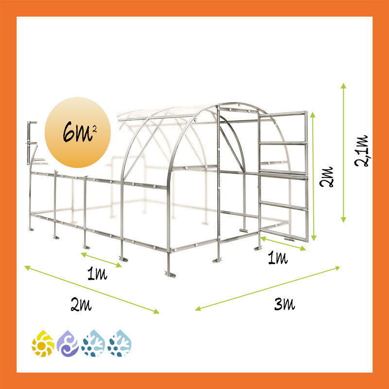 Gewächshaus Polycarbon Stahl Runddach 3x2 Maße