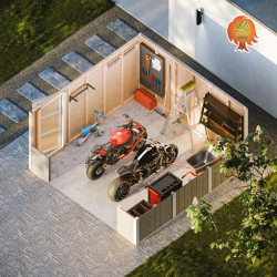 Garage Holz Ahornhof – Innenraum mit Motorrädern