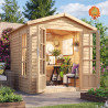 Gartenhaus Elfenatelier 4 m² – im Garten mit geöffneter Doppeltür