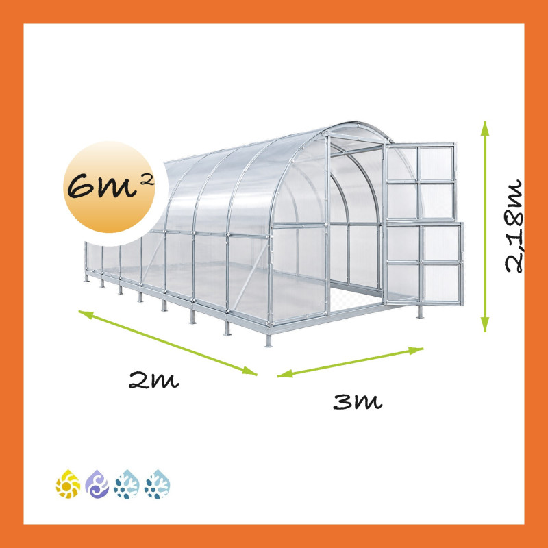 Gewächshaus Polycarbonat Stahl Runddach Quarz – Maße 3 x 2 m