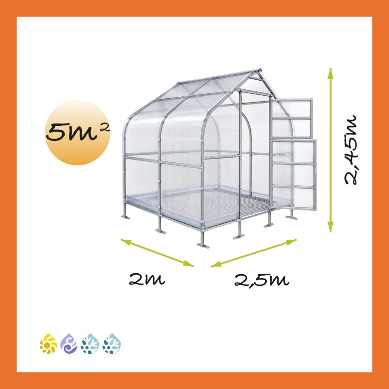 Gewächshaus Polycarbonat Stahl Gotikdach Saphir – Maße 2,5 x 2 m