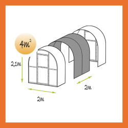 Maßbild Verlängerungsmodul Gewächshaus Polycarbonat Stahl Runddach Turmalin