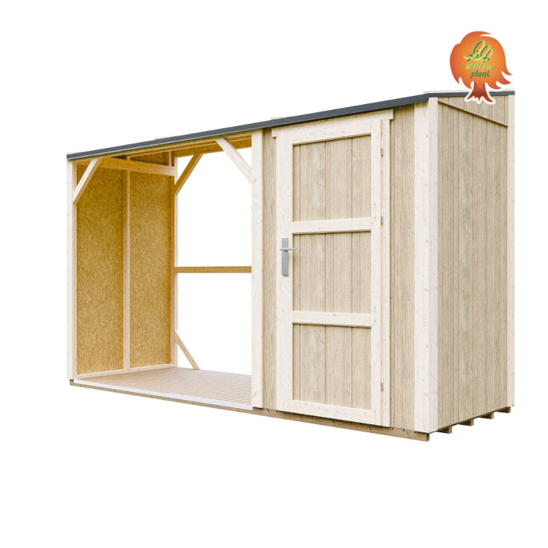 Holzlager LP SmartSide Pultdach Holzhort — Offenes Holzfach und verschlossener Stauraum